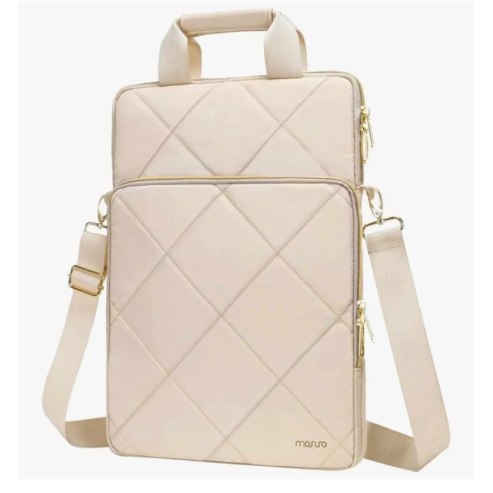 Mosiso Vertical Quilted Laptop Shoulder Bag Cream Padded Travel Messenger Case